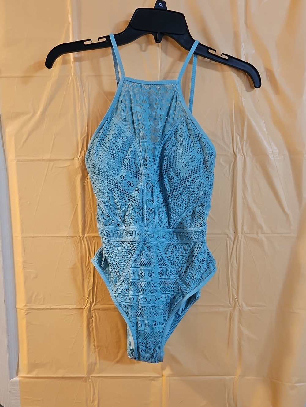 BECCA BLUE CROCHET ONE PIECE SWIMSUIT: NEW WITH TAGS: SIZE SMALL
